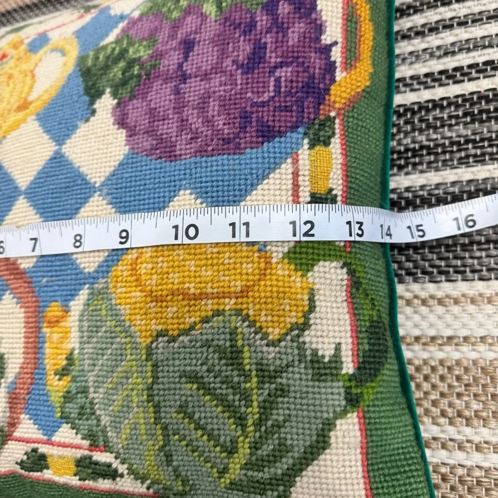 Vintage Wool‎ Needlepoint Multicolor Throw Pillow Teapot Collection